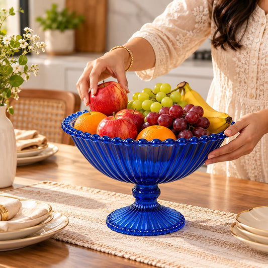 Pure Source India Blue Glass Fruit Bowl 7.5 Inch | Decorative Ribbed Pedestal Bowl for Fruits, Snacks, Desserts & Table Centerpiece | Elegant Gold Serving Bowl