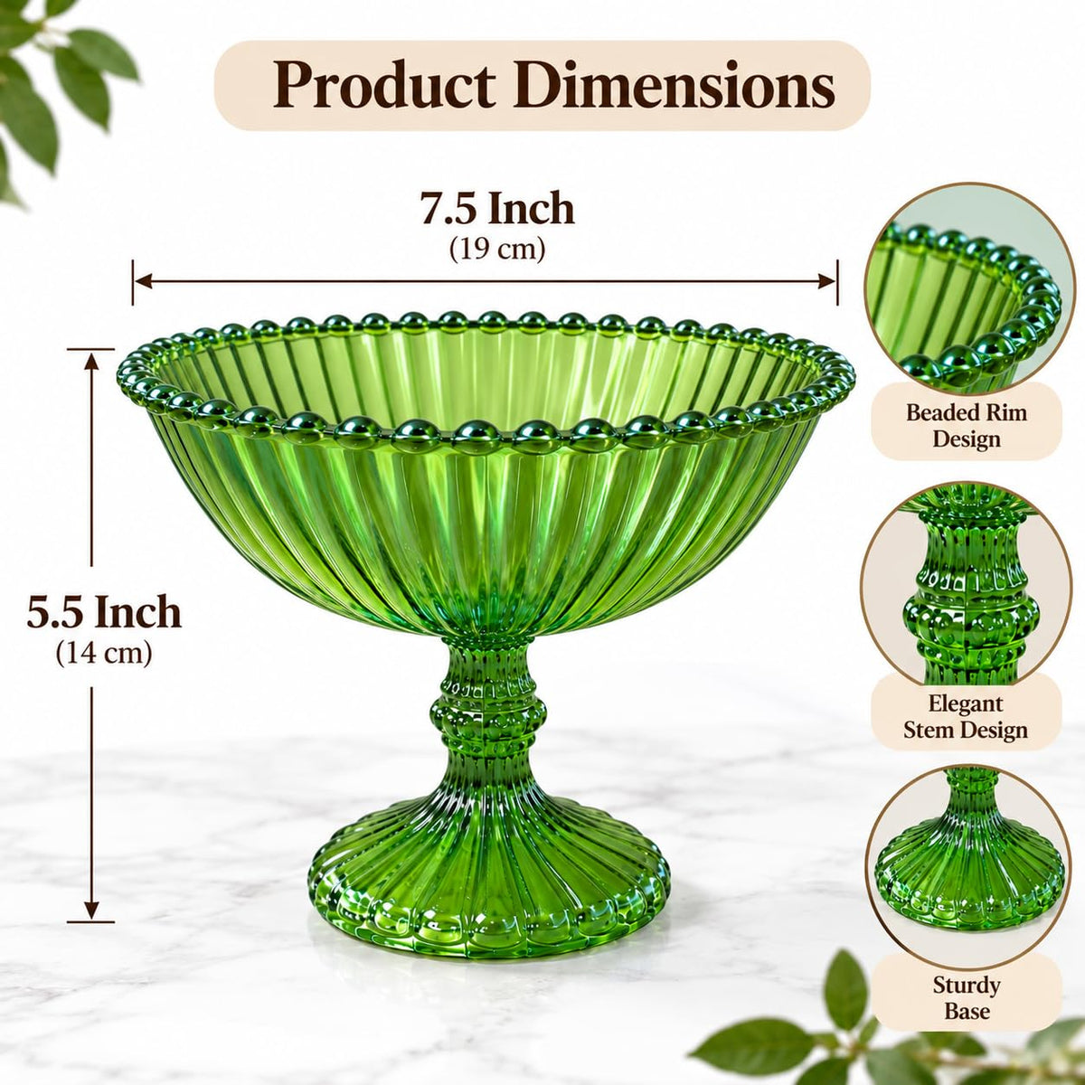 Pure Source India Green Glass Fruit Bowl 7.5 Inch | Decorative Ribbed Pedestal Bowl for Fruits, Snacks, Desserts & Table Centerpiece | Elegant Gold Serving Bowl