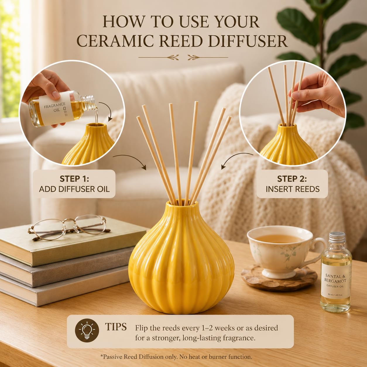 Pure Source India Ceramic Yellow Reed Diffuser Pot/Flower Pot  With 8 Pcs Reed Sticks (Standard)
