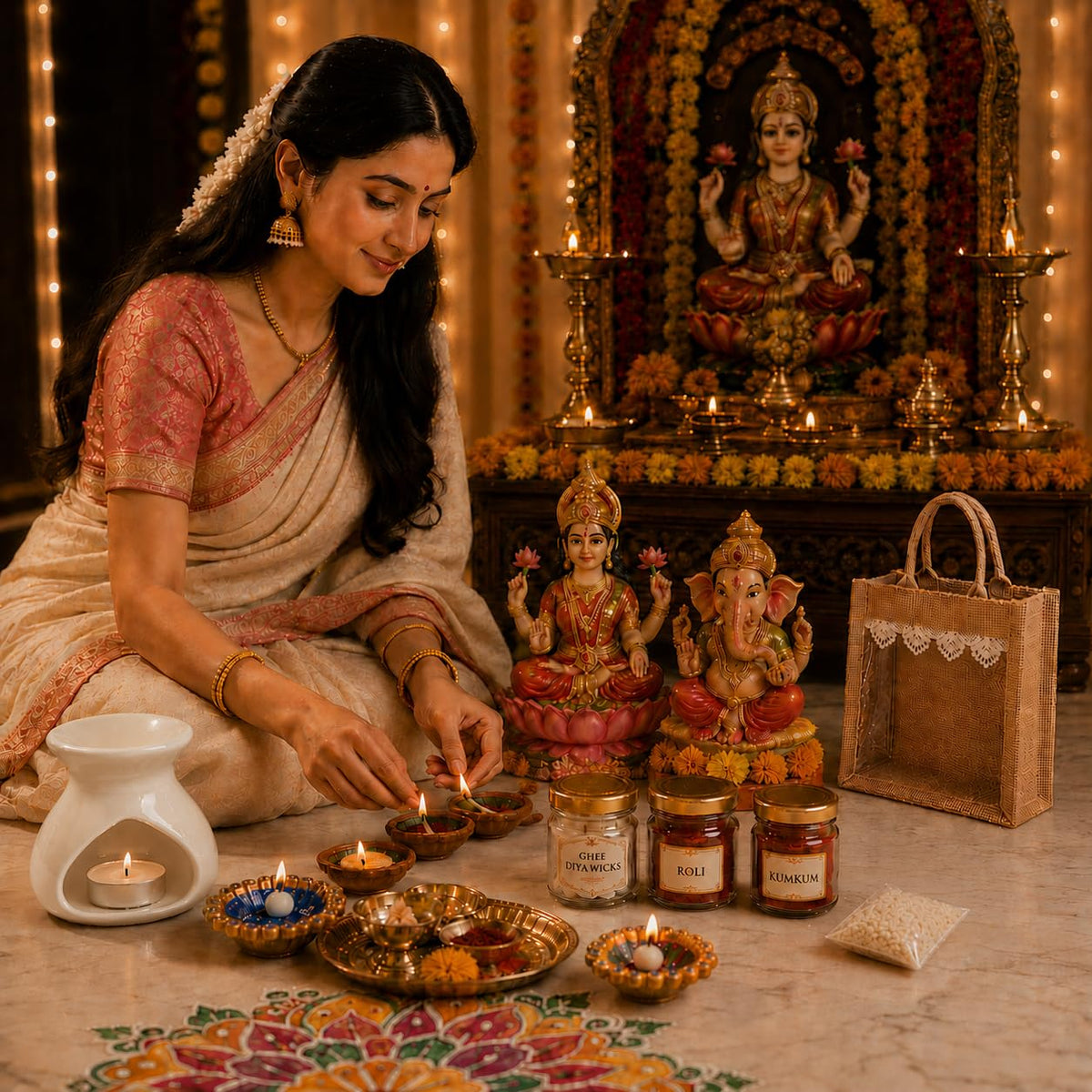 Pure Source India Diwali Pooja Gift Set with Roli Kumkum & Ghee Wicks Complete Diwali pooja and gifting combo (White)