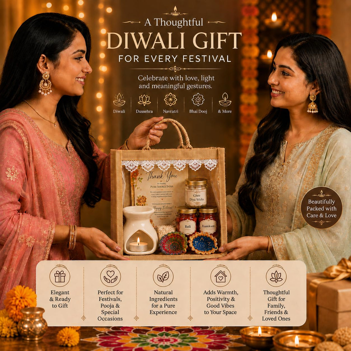 Pure Source India Diwali Pooja Gift Set with Roli Kumkum & Ghee Wicks Complete Diwali pooja and gifting combo (White)