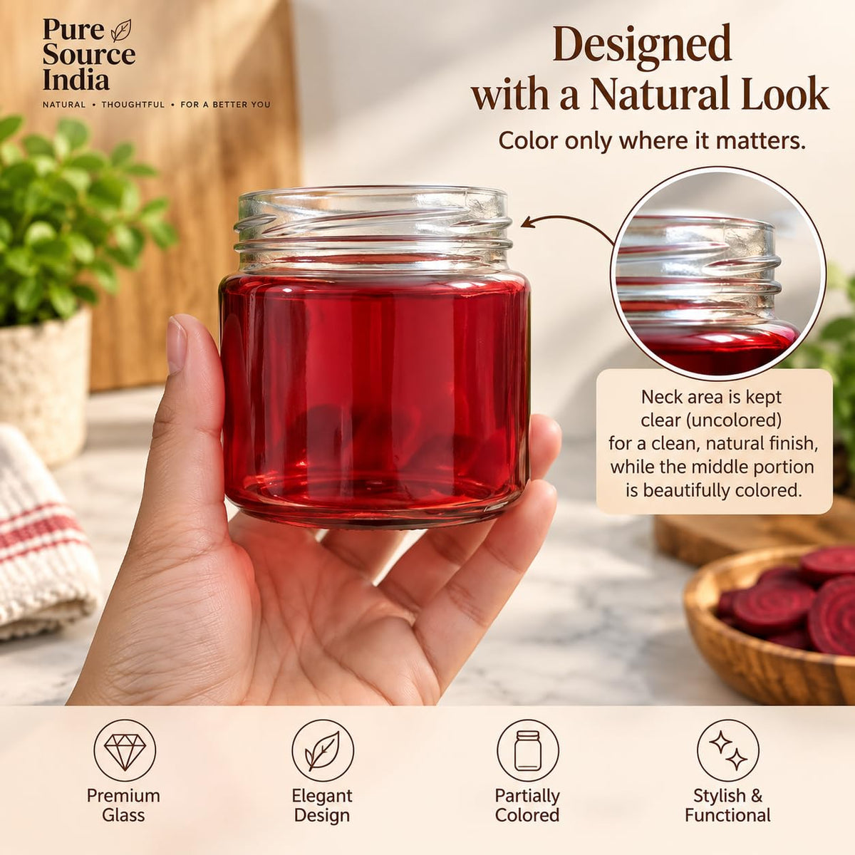 Pure Source India 250 ML Red Glass Storage Jar | Wide Mouth Kitchen Jar for Pickles, Spices, Dry Fruits, Cookies & Snacks