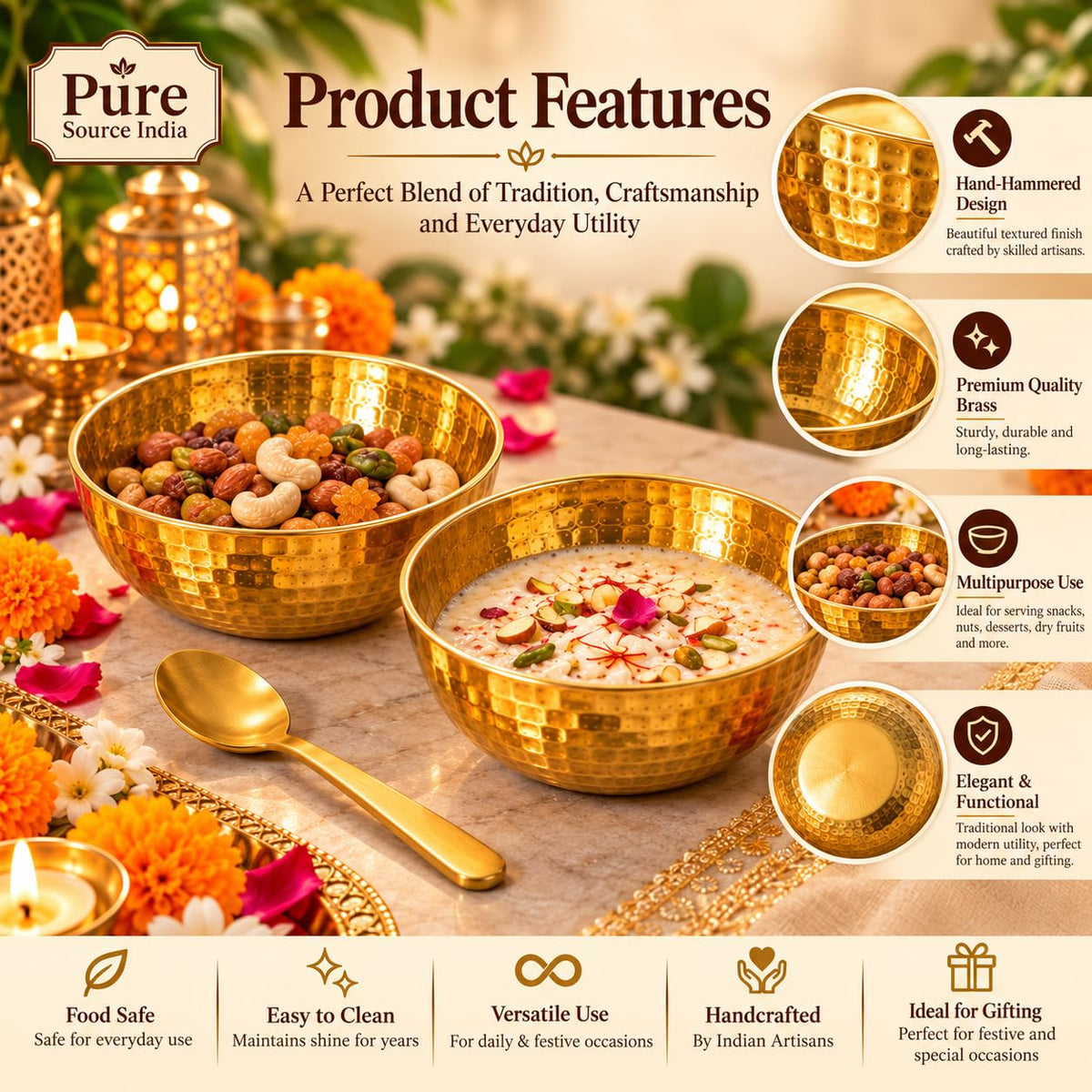 Pure Source India Gift Set with 2 Hammered Brass Bowls & 2 Spoons, for Diwali, Wedding, Housewarming & Festive Gifting