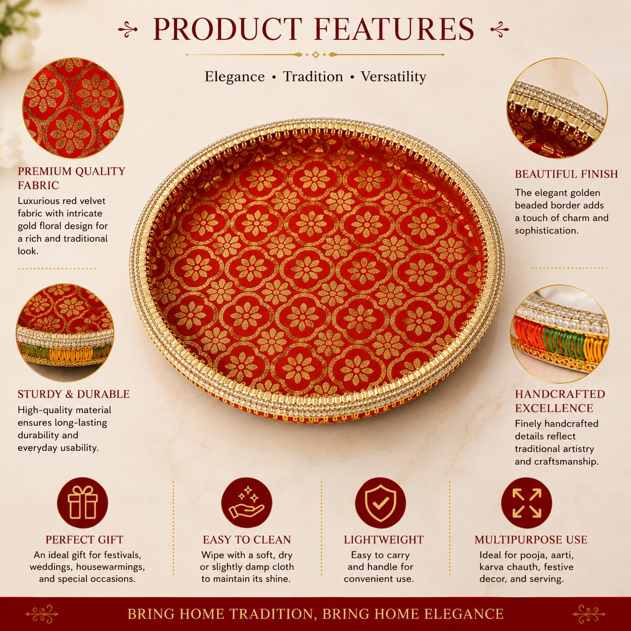Pure Source India Traditional Banarasi Floral Brocade Design Karwa Chauth Pooja Thali Set with Channi, Karwa Lota for Married Women & Bridal Gift