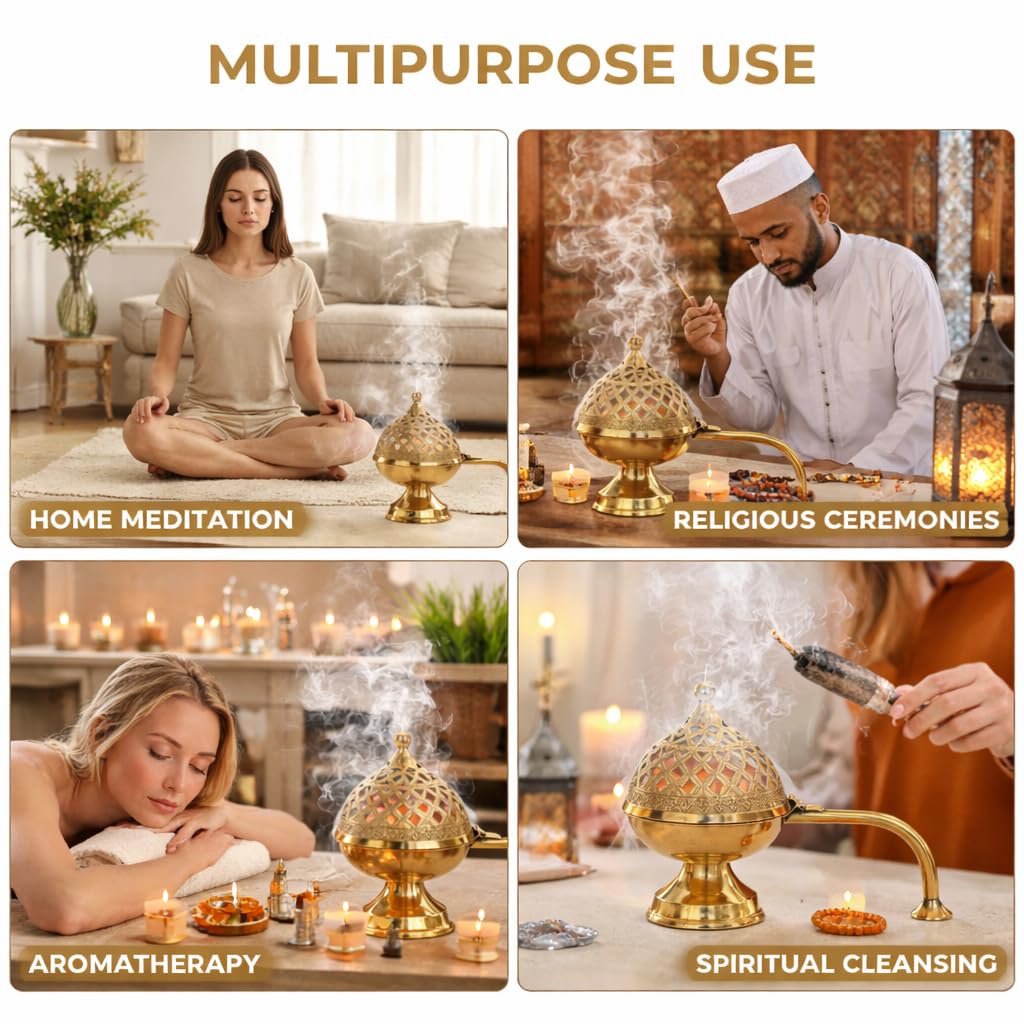 Pure Source India Brass Dhoop Dani for Pooja, Bakhoor & Loban Burner, Heavy Incense Holder with Handle, 8 Inch (600g), Traditional Agarbatti Stand for Home, Temple, Meditation & Festive Decor