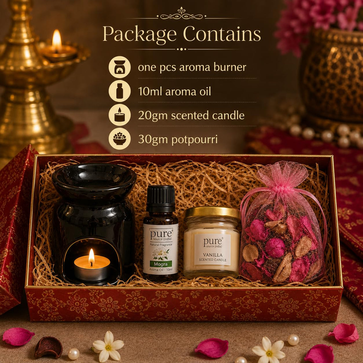 Pure Source India Diwali Gift Set with Black 3 Hole Aroma Burner, Aroma Oil, Scented Candle & Potpourri Potli | Festive Home Fragrance Gift Hamper
