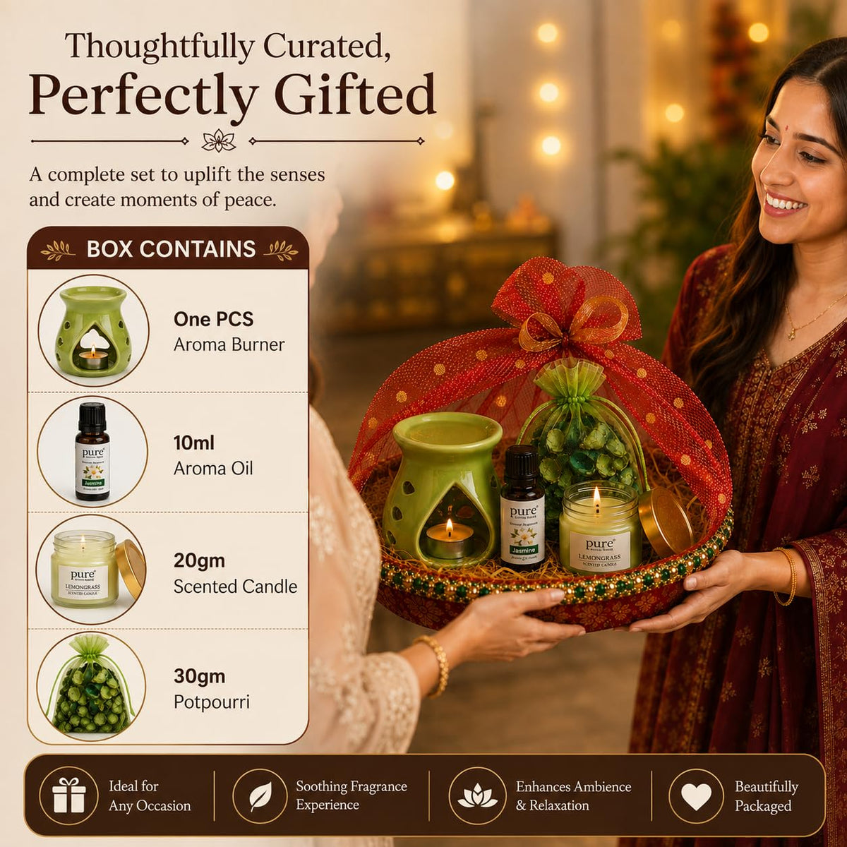 Pure Source India Diwali Gift Set with 97 Green Aroma Burner, Aroma Oil, Scented Candle & Potpourri Potli | Festive Home Fragrance Gift Hamper