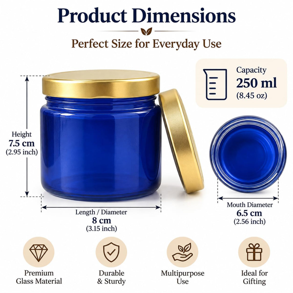 Pure Source India 250 ML Blue Glass Storage Jar | Wide Mouth Kitchen Jar for Pickles, Spices, Dry Fruits, Cookies & Snacks
