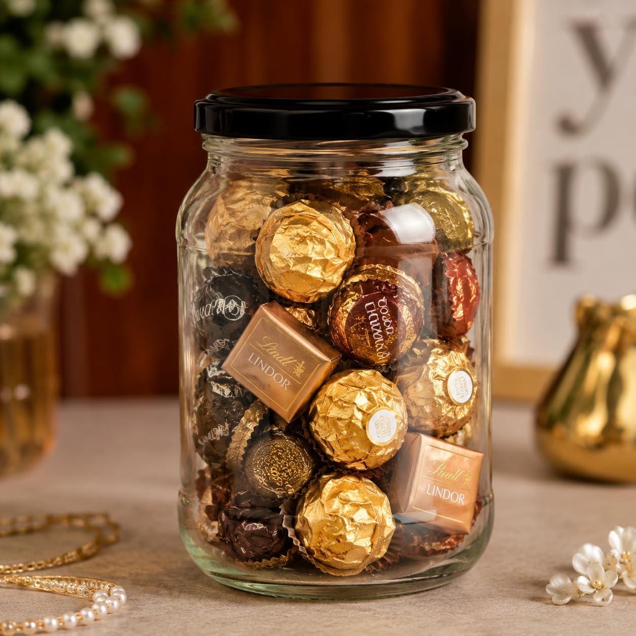 Pure Source India Glass Jar Container With Metal Black Airtight Lid, Capacity 500gm