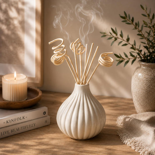 Pure Source India Ceramic Reed Diffuser Pot/Flower Pot/Christmas Decoration and New Year Gifts (Standard, White) with 8 pcs reed stick