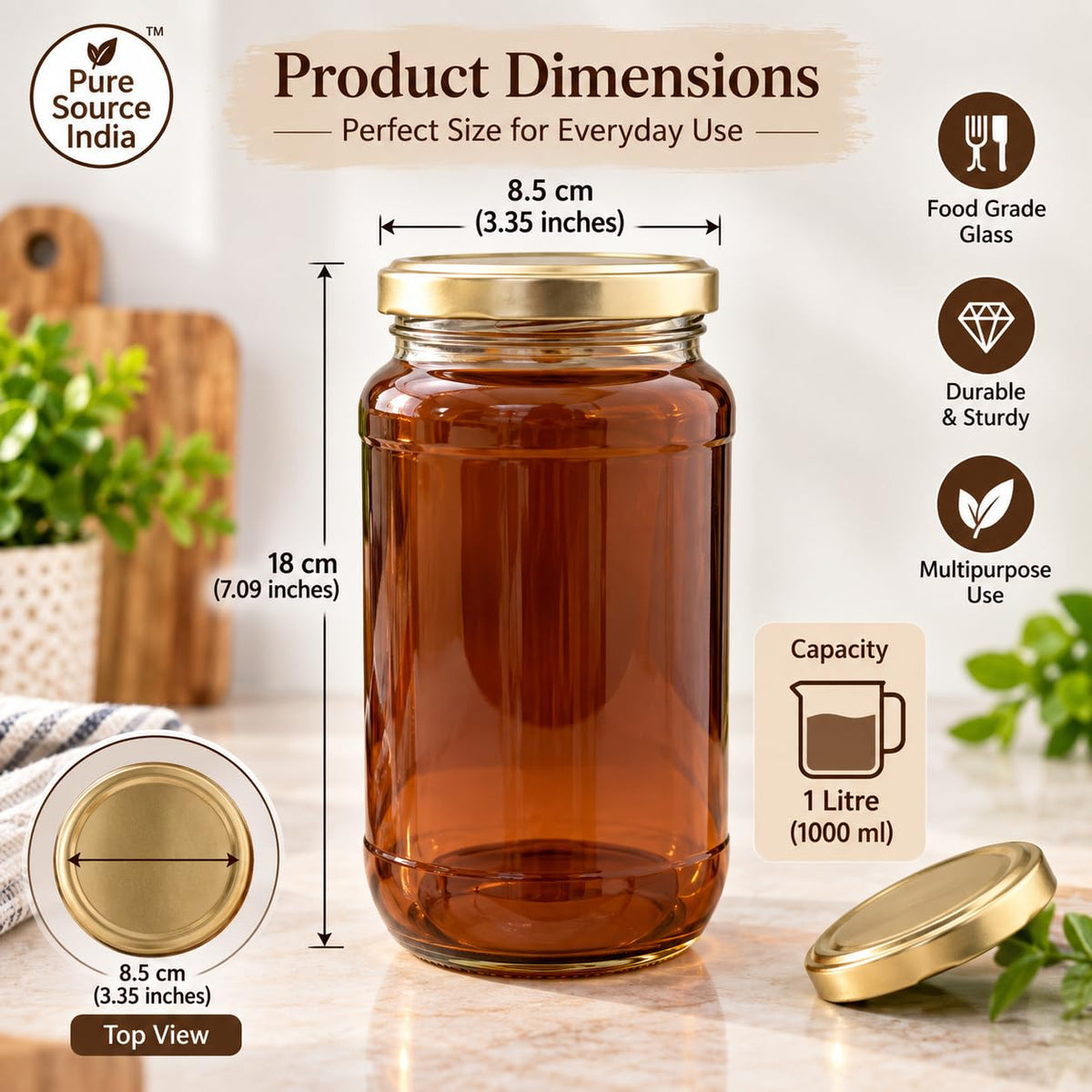 Pure Source India 1000ml Amber Glass Jar with Gold Metal Lid, Airtight Kitchen & Pantry Container, Multipurpose Food Storage Jar