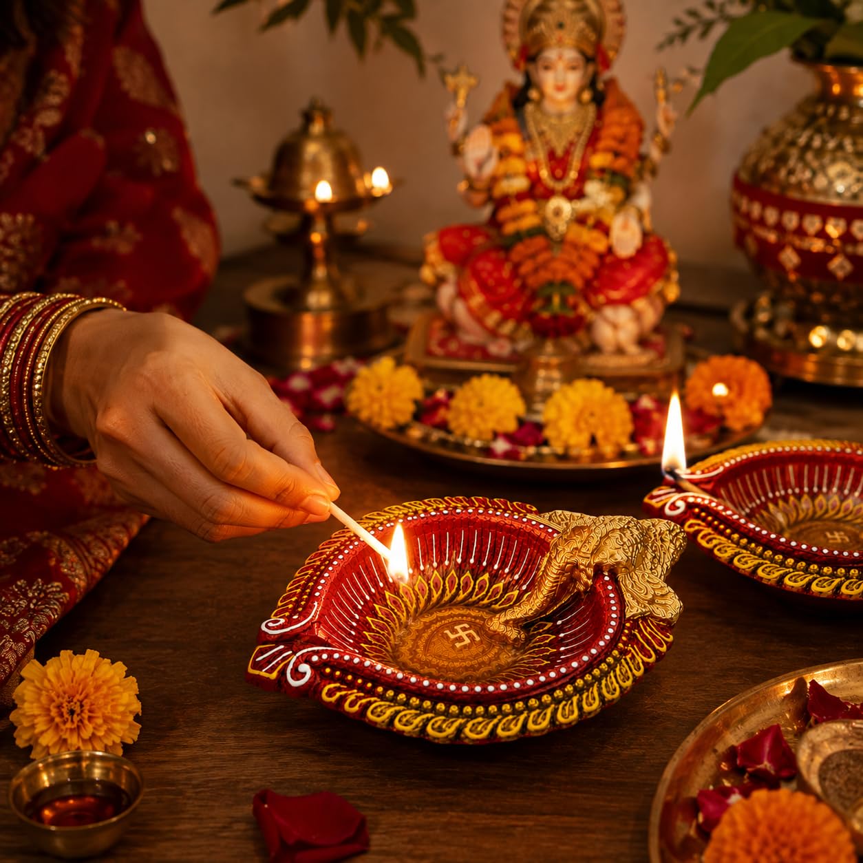 Pure Source India Decorative Ganesh Ji Diya| Handcrafted Red & Gold Oil Lamp with Auspicious Swastik Design | Traditional Diwali Diya for Festivals, Pooja Room & Gifting