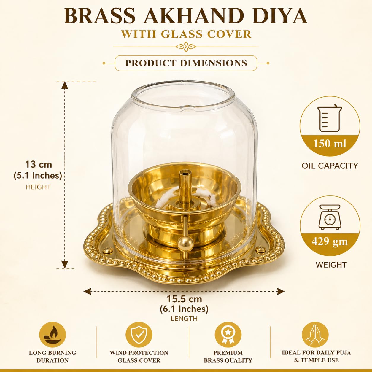 Pure Source India 150ml Oil Capacity Brass Akhand Diya with Glass Cover | Long Burning Akhand Jyot Lamp | Wind Protection Glass Dome | Traditional Puja Diya for Home Temple, Mandir & Festivals