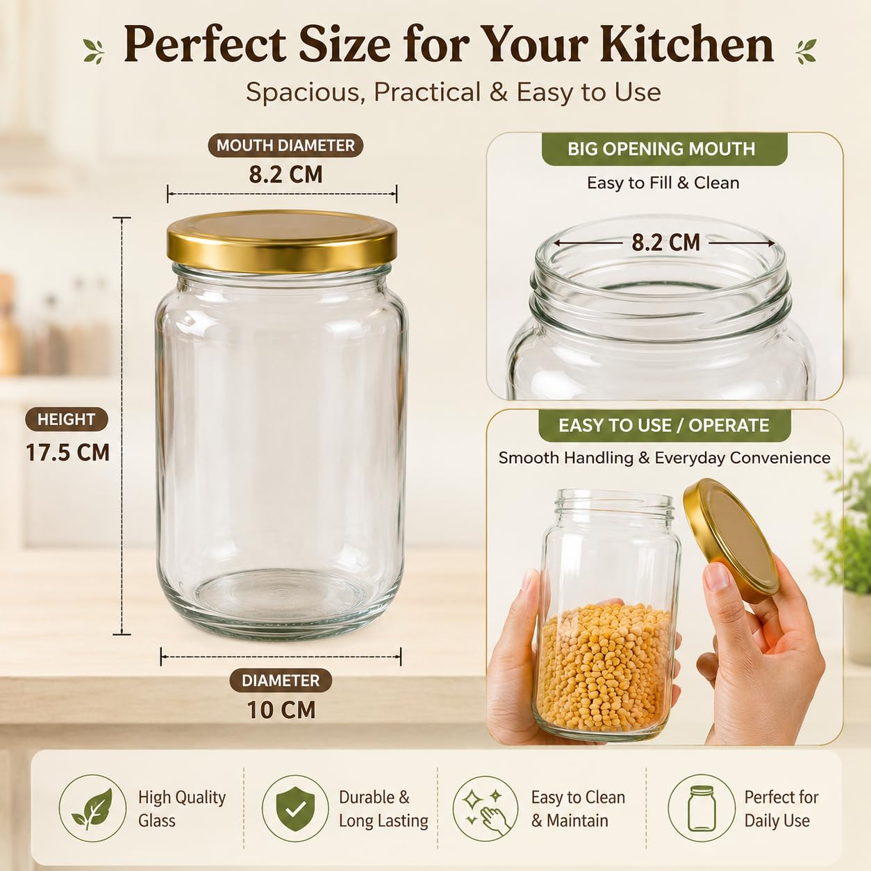 Pure Source India Glass Jar Container, with Airtight Lid, Suitable for Kitchen Stuff, Capacity-1 Ltr