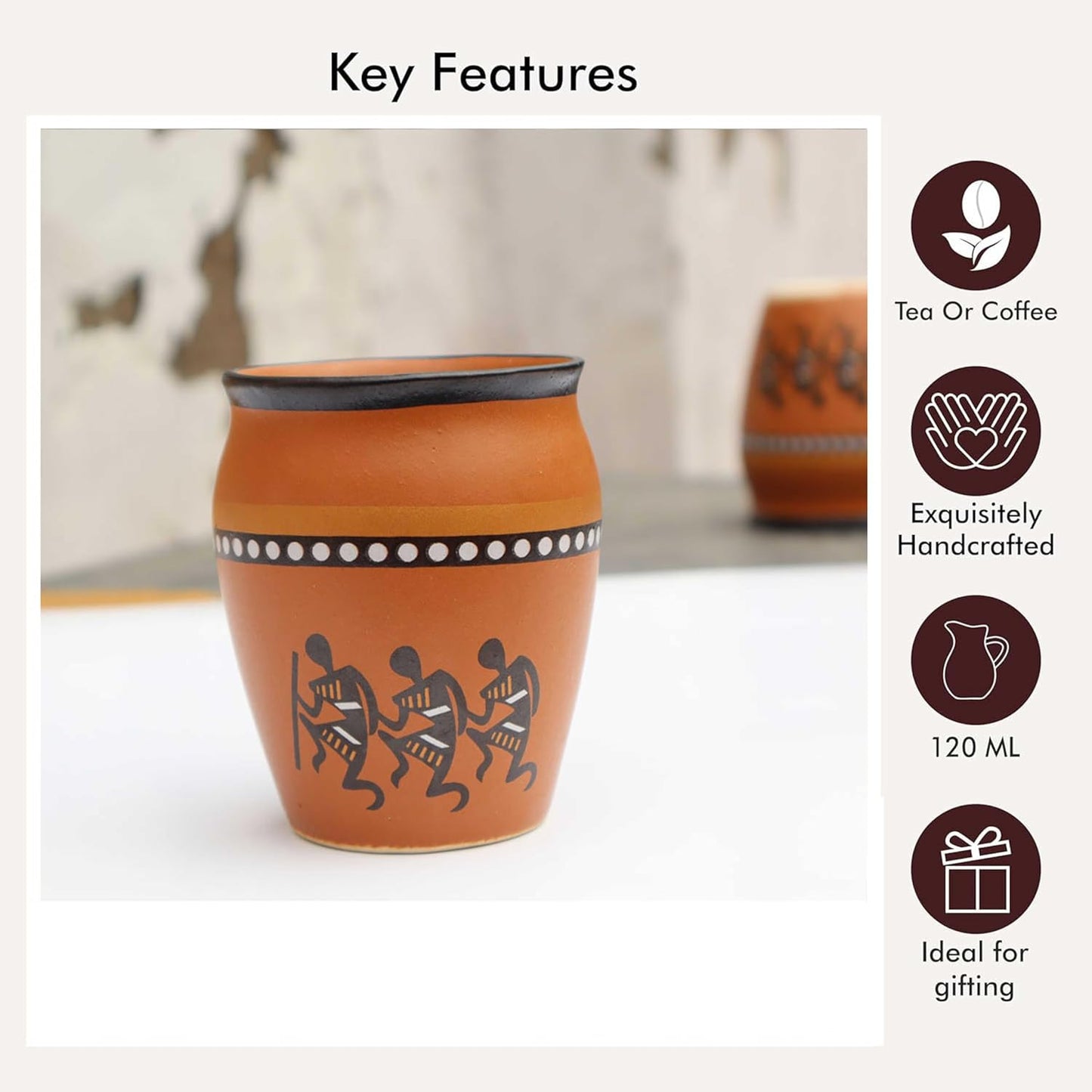 Pure Source India Terracotta Clay Cups 150ml– Handcrafted Kulhad Style Tea Glasses with Tribal Art Design for Tea, Coffee, Milk, or Décor
