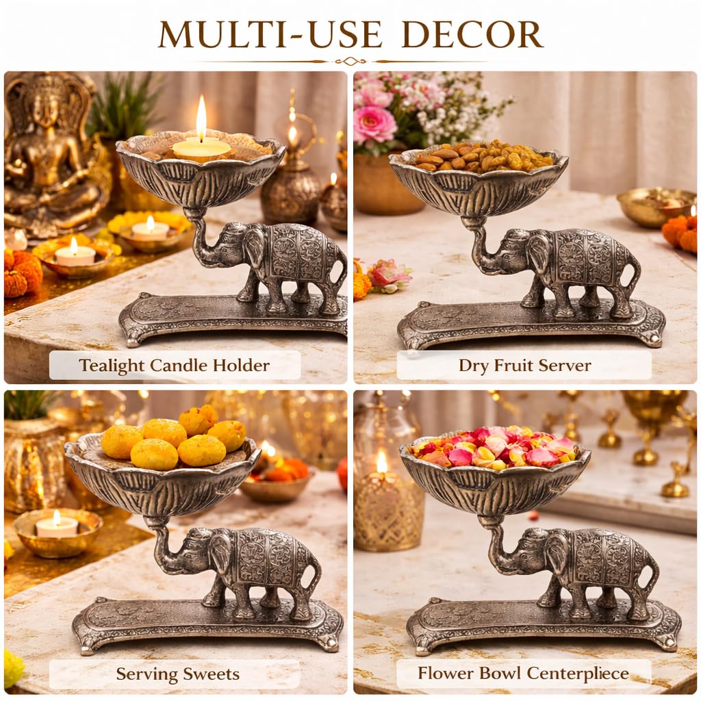 Pure Source India Silver Elephant Urli Bowl/Decorative Bowl for Home Decor, Floating Flowers, Candle Holder and Temple