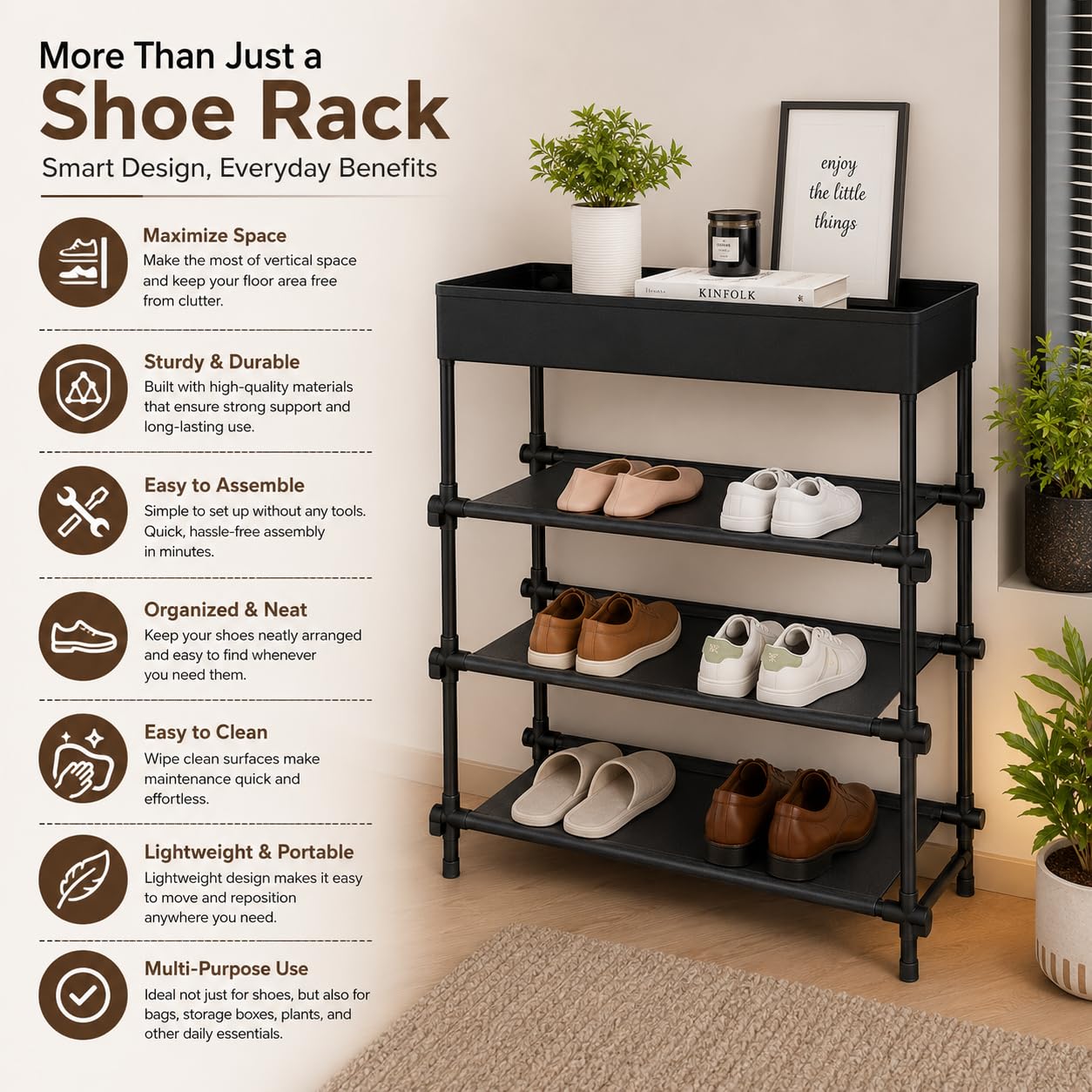 4 Tier Shoe Rack Organizer with Top Storage Shelf, Metal Shoe Stand for Entryway, Closet, Bedroom & Hallway, Space Saving Storage Rack, Black