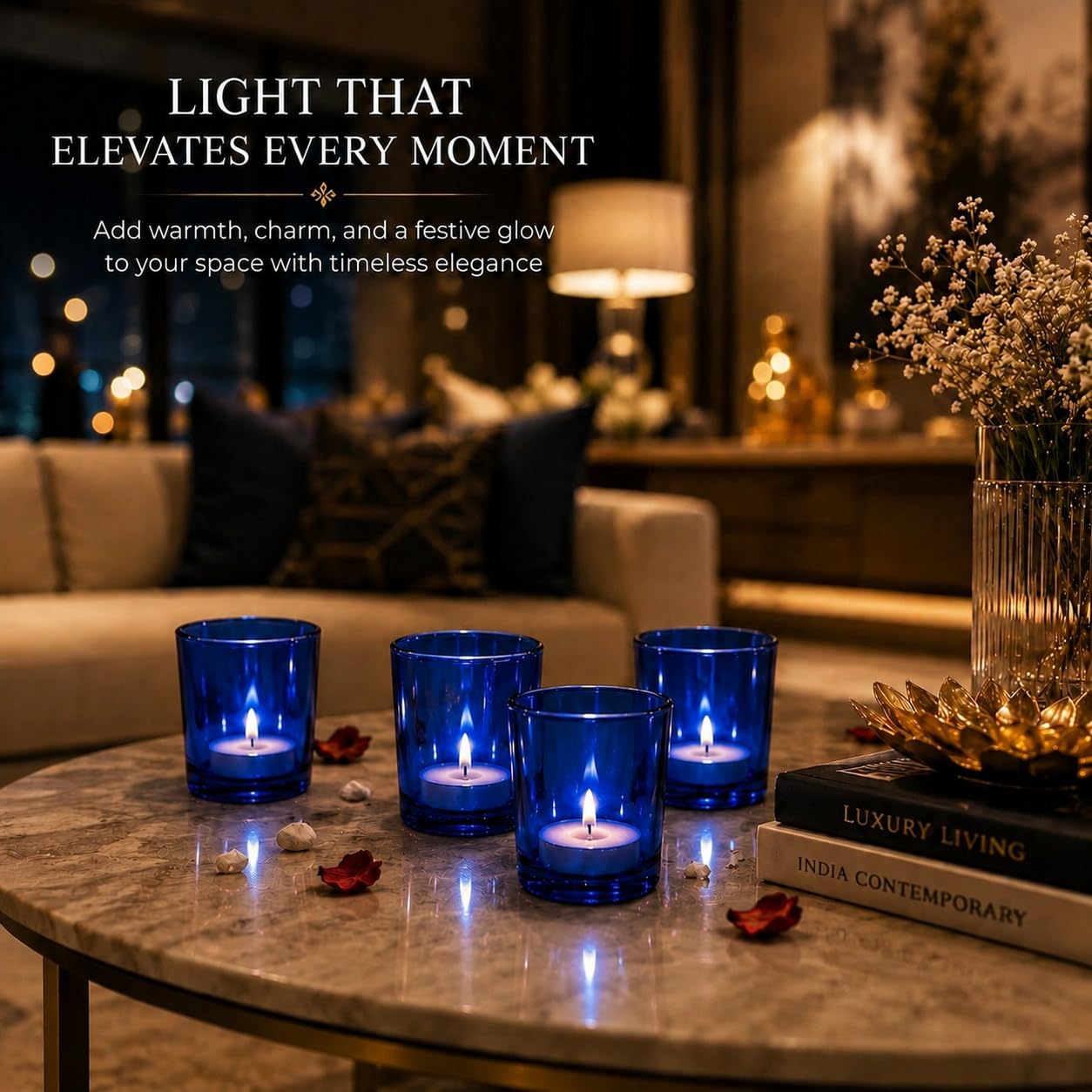 Pure Source India Pack of 6 Tea Light Votive Glass Candle Holders – Perfect for Diwali, Weddings, Spa & Holiday Décor (Blue)