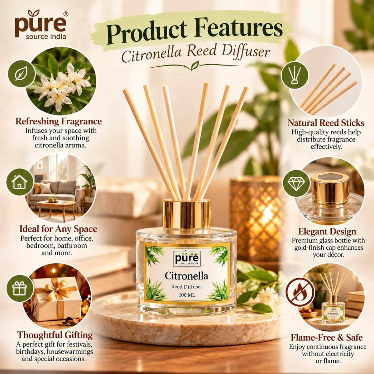 Pure Source India Reed Diffuser Gift Set | Luxury Home Fragrance Gift Hamper for Diwali, Birthday & Housewarming