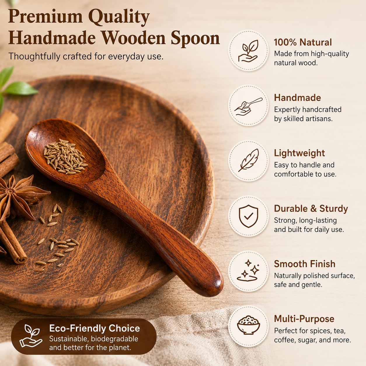 Pure Source India 4 Inch Wooden Masala Spoon for Small Containers, Handmade Wooden Spoon for Tea, Coffee, Sugar, Condiments & Spices