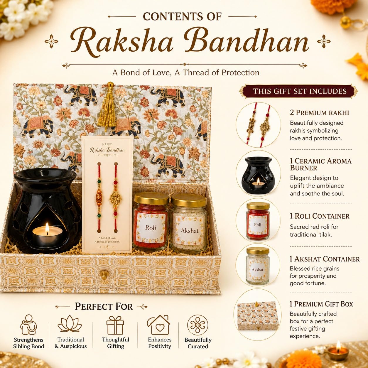 Pure Source India Rakhi Gift Set with Ceramic Aroma Burner, Premium Rakhi, Roli & Akshat | Raksha Bandhan Gift Hamper for Brother & Bhabhi