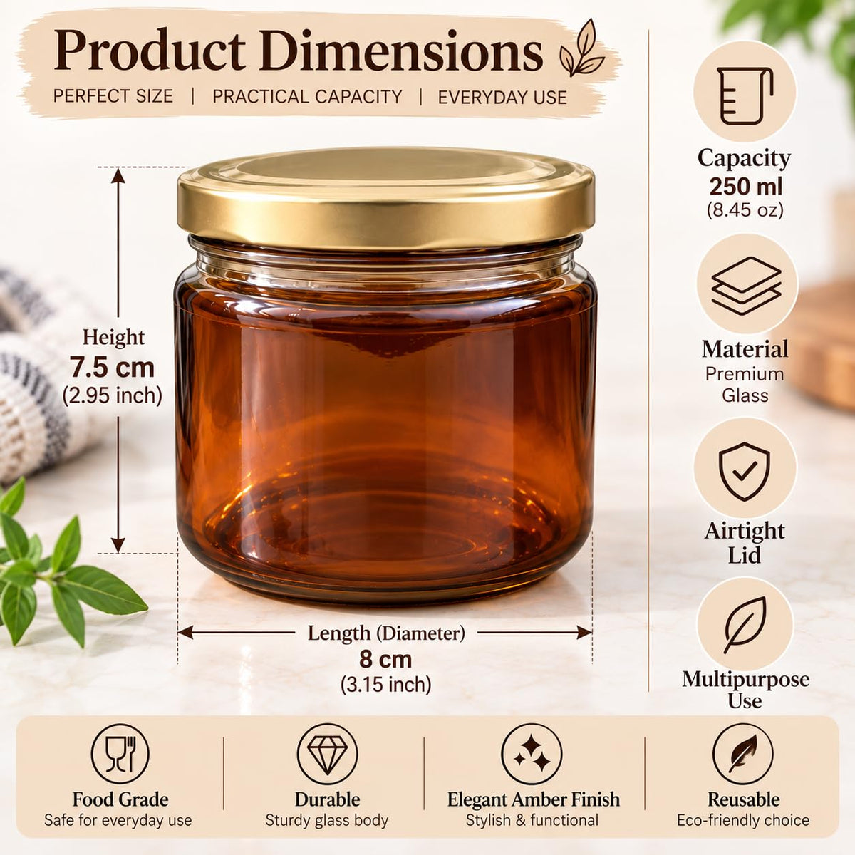 Pure Source India 250 ML Amber Glass Storage Jar | Wide Mouth Kitchen Jar for Pickles, Spices, Dry Fruits, Cookies & Snacks