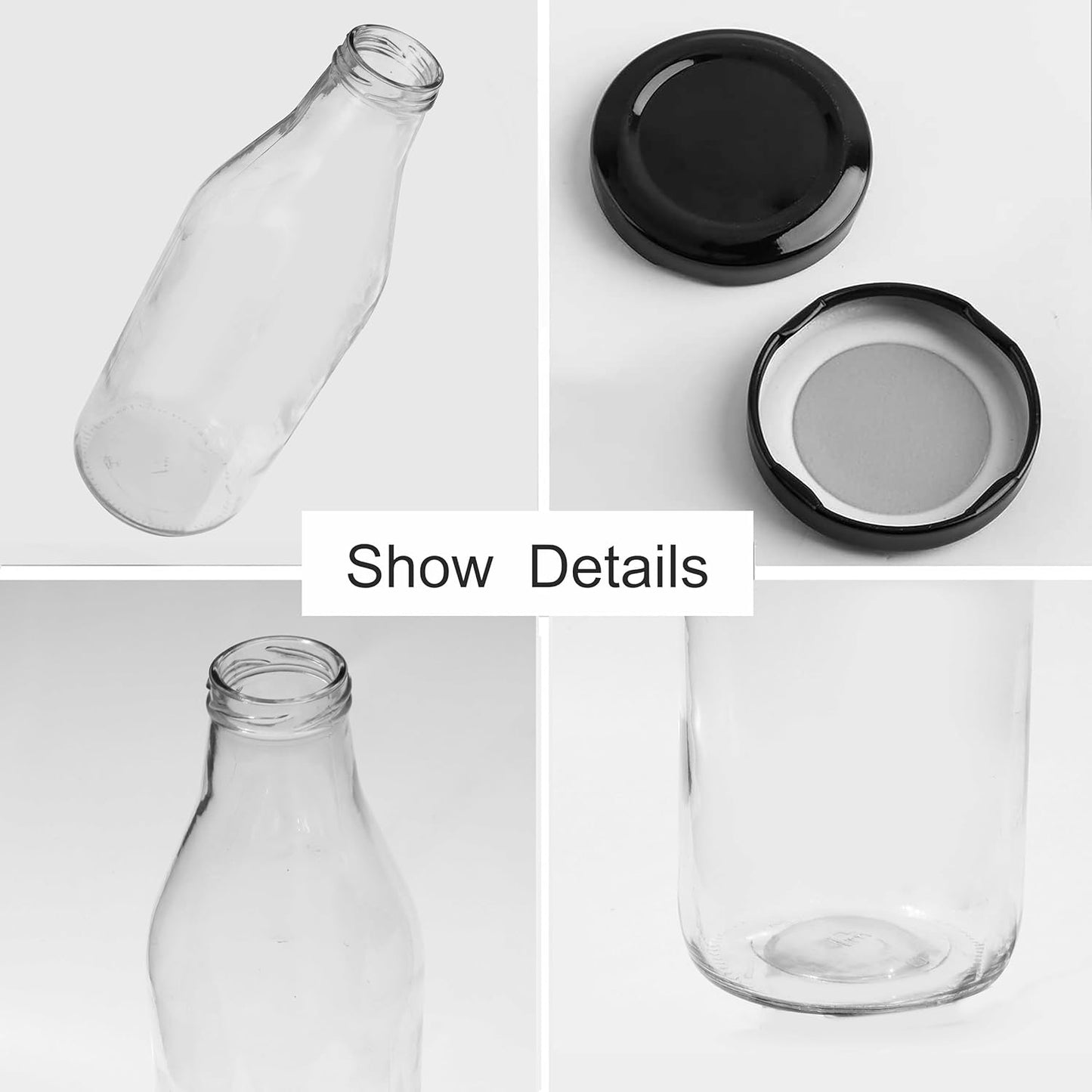Milk, Water and Juice Glass Bottle With Airtight Black Cap - 1000 Ml (Transparent)