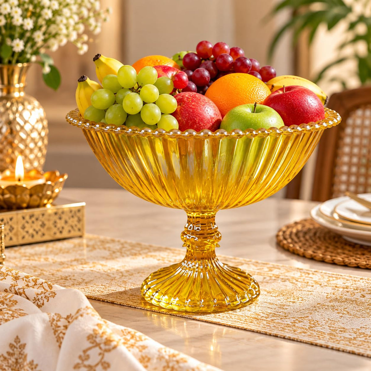 Pure Source India Yellow Glass Fruit Bowl 7.5 Inch | Decorative Ribbed Pedestal Bowl for Fruits, Snacks, Desserts & Table Centerpiece | Elegant Gold Serving Bowl