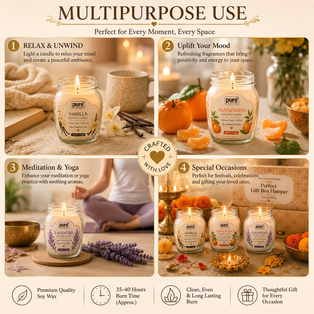 Pure Source India Scented Candle Gift Set of 3 | Vanilla, Mandarin & Lavender | 75g Each | Fragrance Candles for Home, Living Room & Gifting