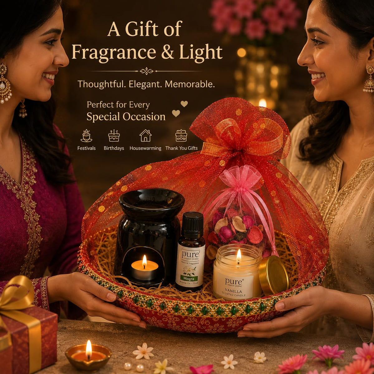 Pure Source India Diwali Gift Set with Black 3 Hole Aroma Burner, Aroma Oil, Scented Candle & Potpourri Potli | Festive Home Fragrance Gift Hamper