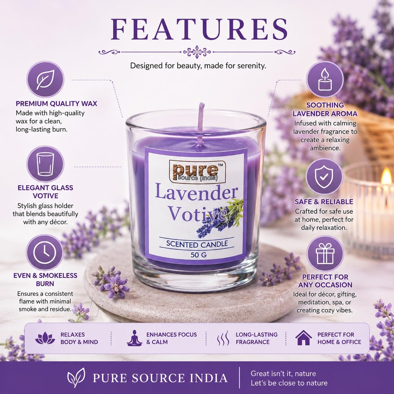 Pure Source India Lavender Votive Candles Set of 4,Scented Glass Candles, Aromatherapy Lavender Fragrance, Long Burning Decorative Candles for Home Décor, Bedroom, Relaxation, Meditation & Gift Giving