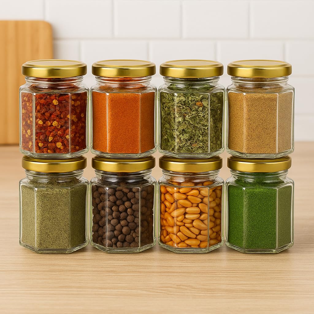 Pure Source India 190ml Hexagon Glass Jar with Golden Lid | Airtight & Leakproof | Dishwasher & Freezer Safe |for Spices, Pickles, Honey, Dry Fruits, Gifts & Kitchen Organization