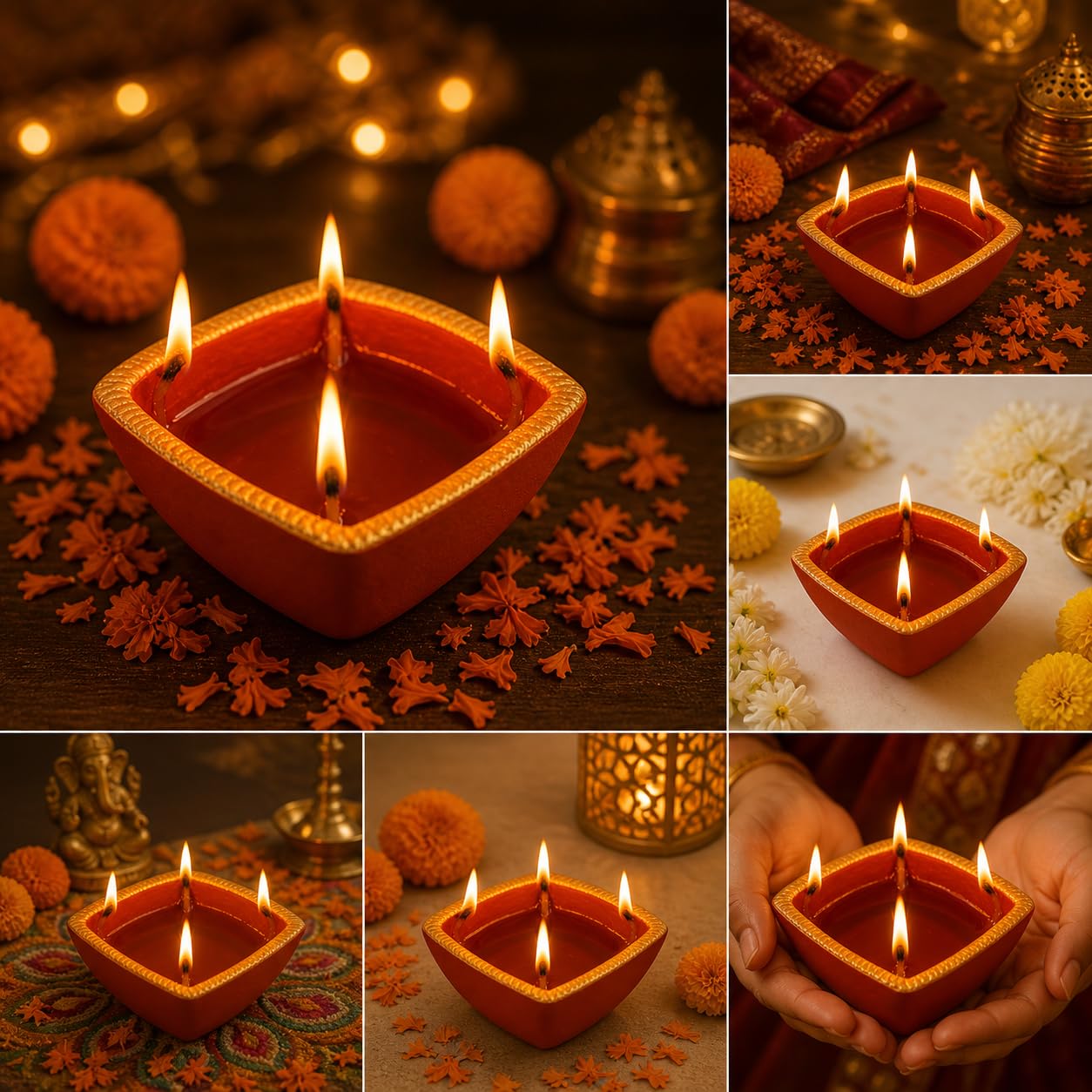 Pure Source India Decorative 4-Wick Diya Lamp with Golden Border, Traditional Oil Lamp for Diwali, Pooja, Rangoli & Festive Home Décor 5 Inch / 200 ML)