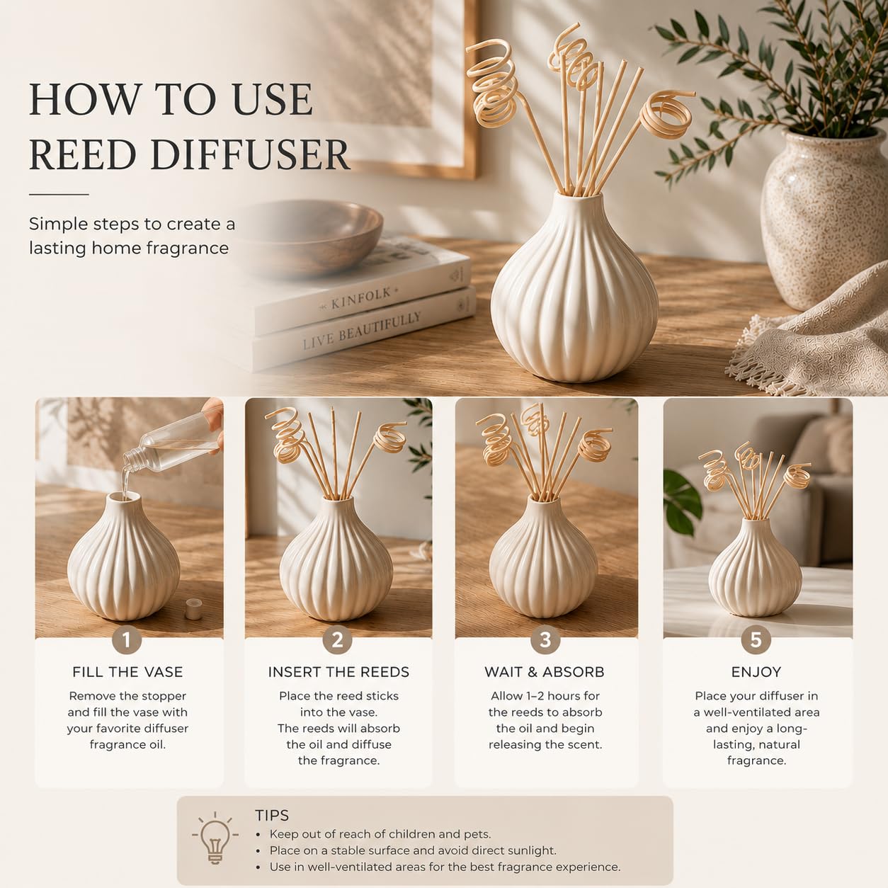Pure Source India Ceramic Reed Diffuser Pot/Flower Pot/Christmas Decoration and New Year Gifts (Standard, White) with 8 pcs reed stick