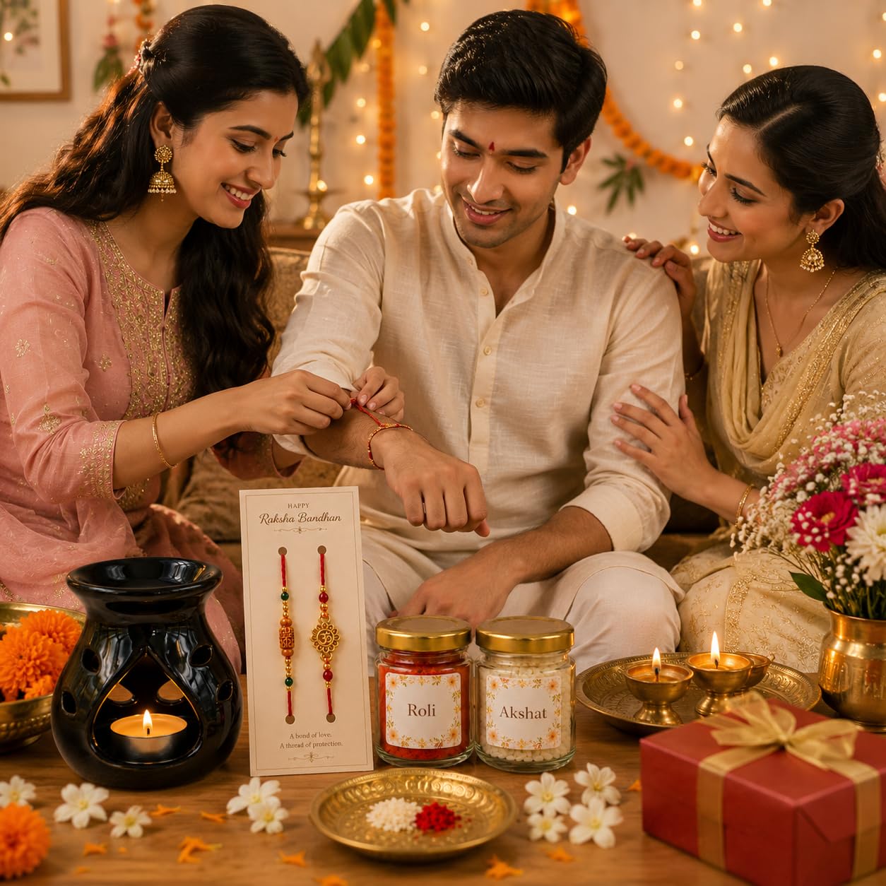 Pure Source India Rakhi Gift Set with Ceramic Aroma Burner, Premium Rakhi, Roli & Akshat | Raksha Bandhan Gift Hamper for Brother & Bhabhi
