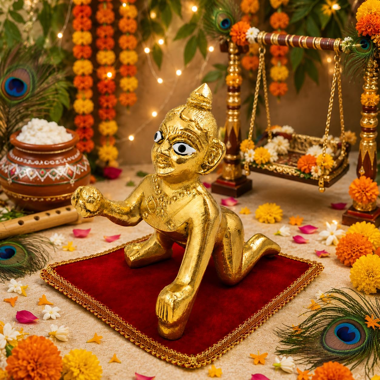 Pure Source India Gold Brass Laddu Gopal Idol | Bal Gopal Krishna Murti for Pooja, Home Temple & Decoration | Religious Gift for Janmashtami, Housewarming & Festivals