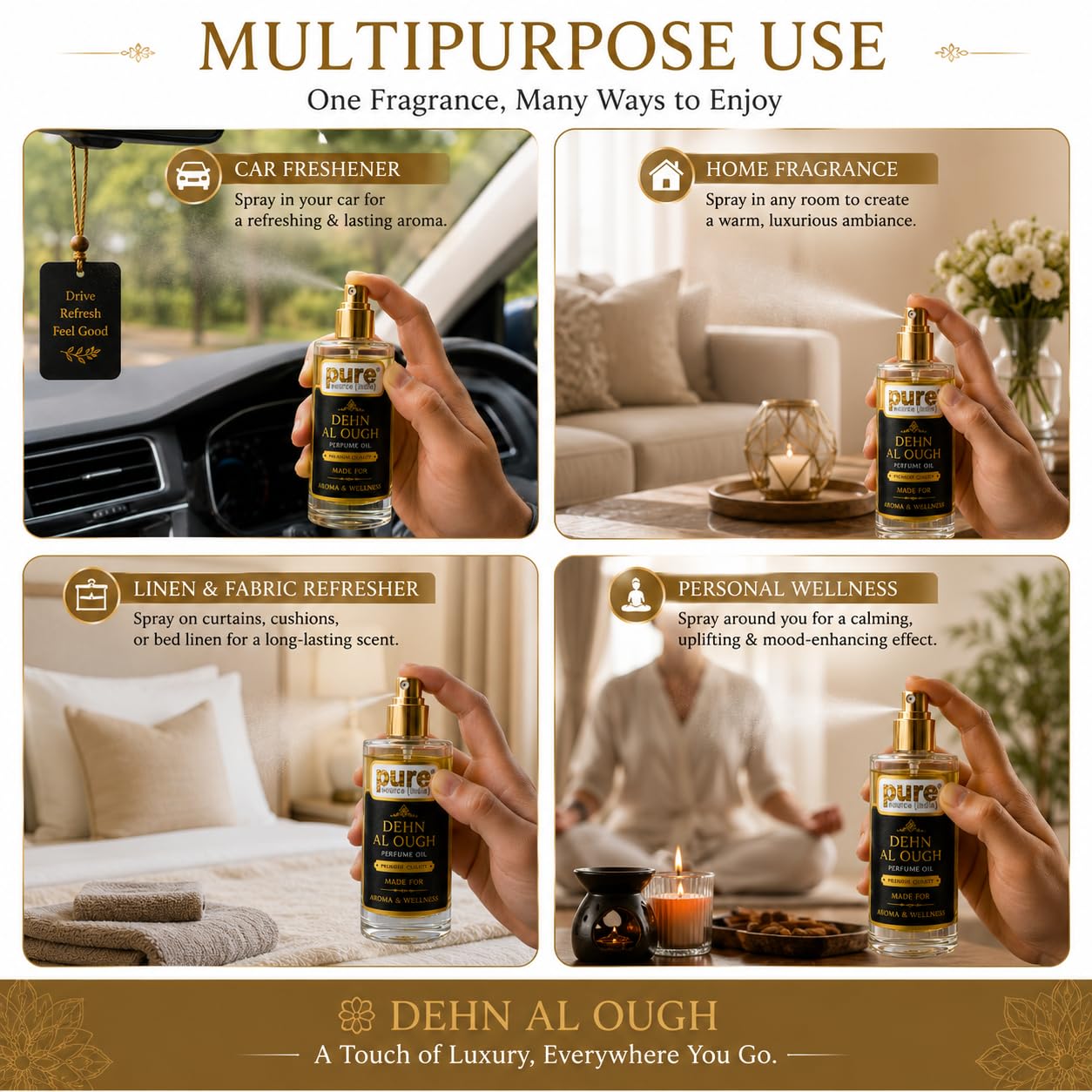 Pure Source India Dehn Al Oudh Perfume Oil Spray 100ml | Premium Long Lasting Luxury Arabian Oud Fragrance |Car & Fabric Freshener