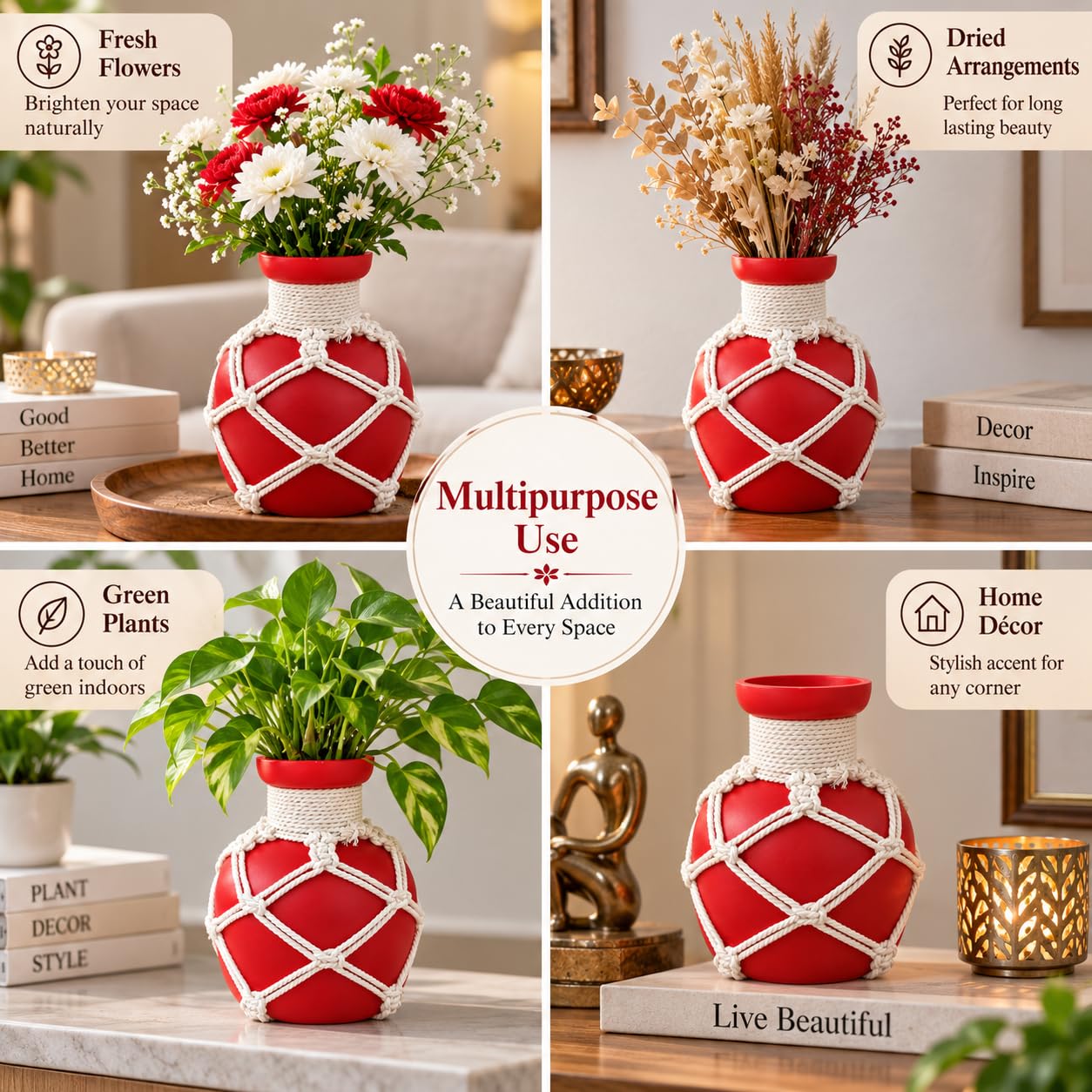 Pure Source India Decorative Red Flower Vase with Macramé Rope Design | Tabletop Home Décor Vase for Living Room, Dining Table & Office