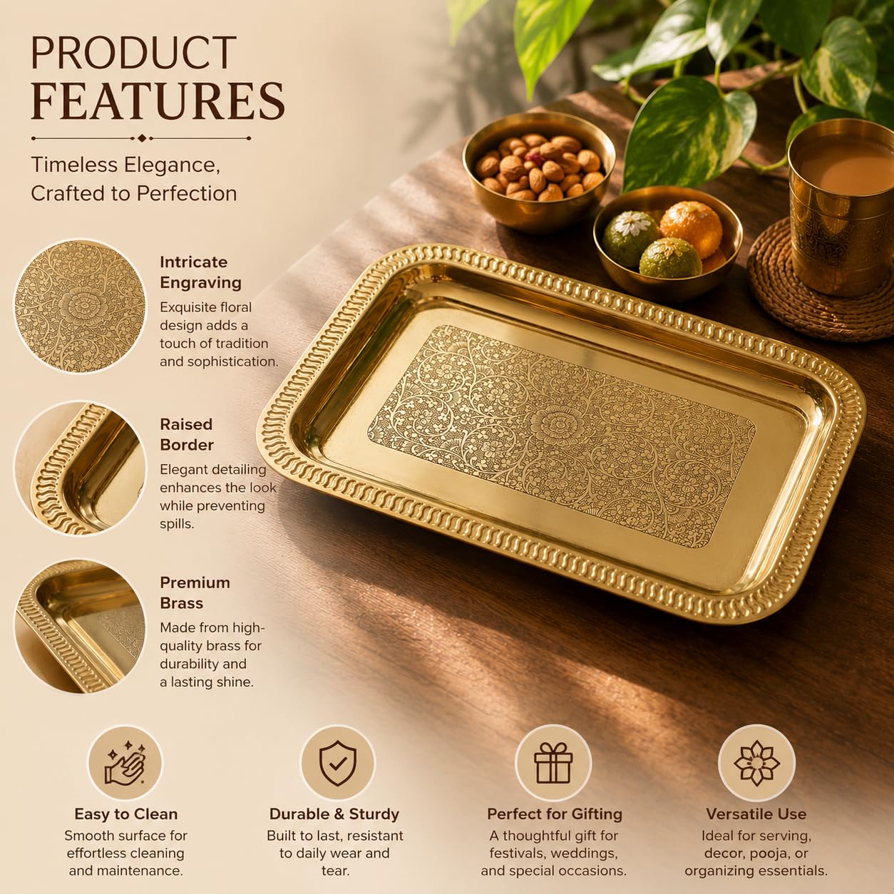 Pure Source India Large Decorative Brass Serving Tray 13.8 x 9.8 Inch | Premium Rectangular Brass Platter for Tea, Coffee, Snacks & Dry Fruits