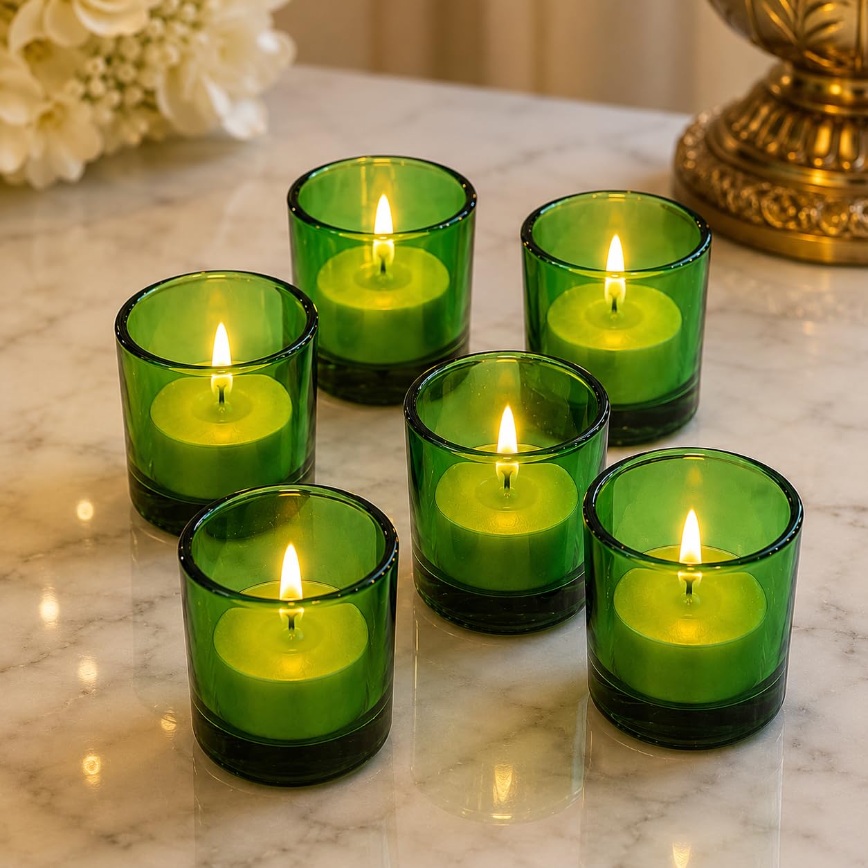 Pure Source India Set of 6 Glass Votive Tealight Candle Holders Green - Living Room Side Table Home Decoration