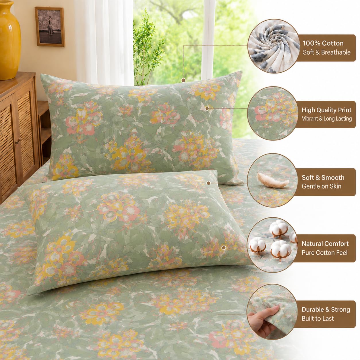 Pure Source India Poly Cotton Elegance Bedding Set, Dreamy Cotton Comfort Double Bed Sheet with Pillow Covers (Seamoss Green Flora)