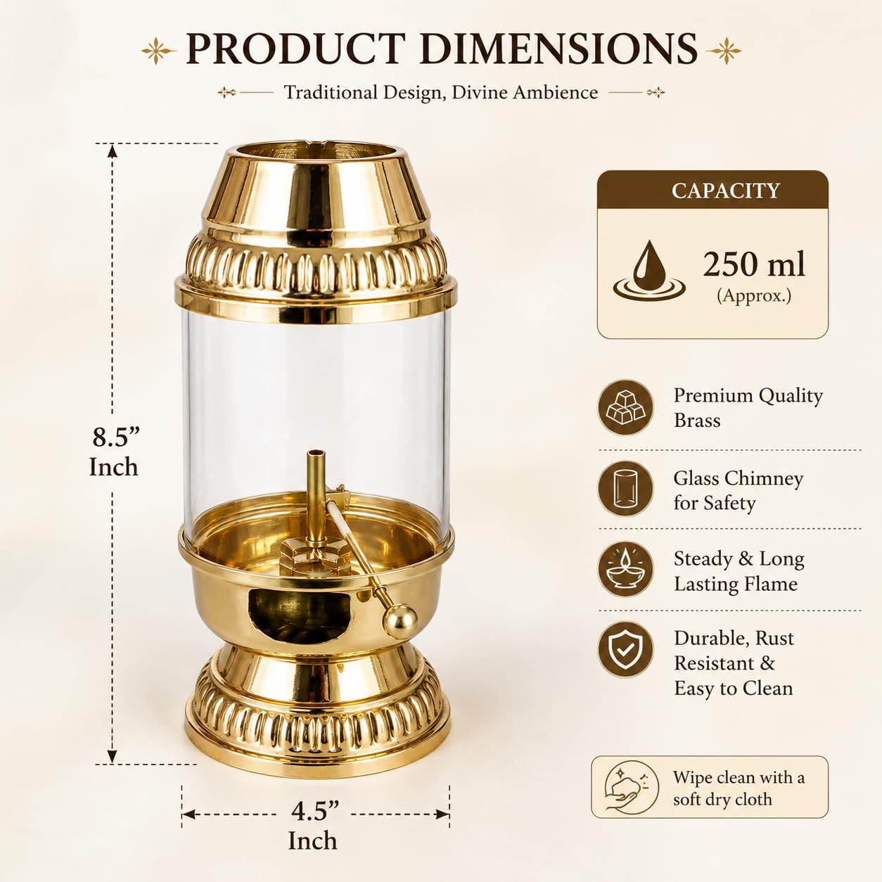 Pure Source India 250ml Capacity Brass Akhand Diya with Glass Cover, 8.5 Inch Height, Long Burning Oil Lamp for Puja Room, Mandir, Temple, Spiritual Decor & Festivals