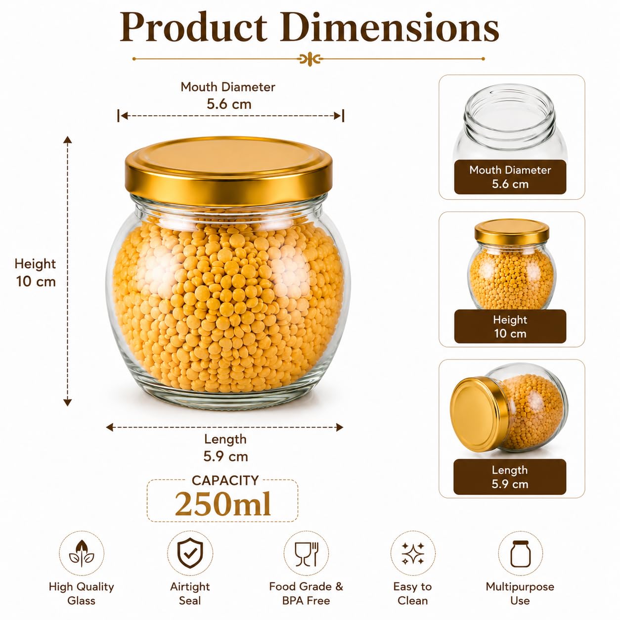 Pure Source India 250ml Glass Matka Shape Storage Jar with Lid | Multipurpose Airtight Container for Spices, Dry Fruits, Pickles, Tea & Kitchen Storage