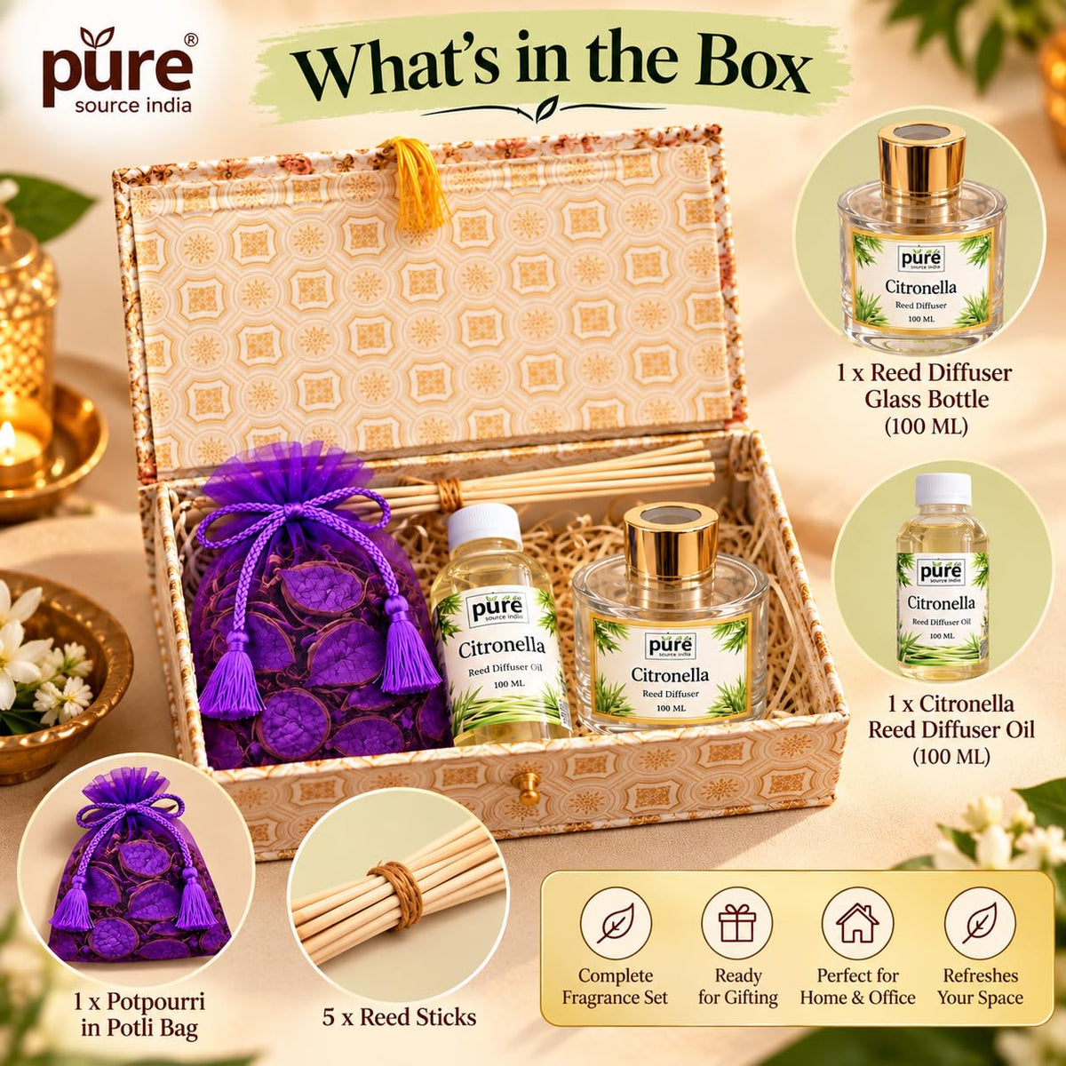 Pure Source India Reed Diffuser Gift Set | Luxury Home Fragrance Gift Hamper for Diwali, Birthday & Housewarming