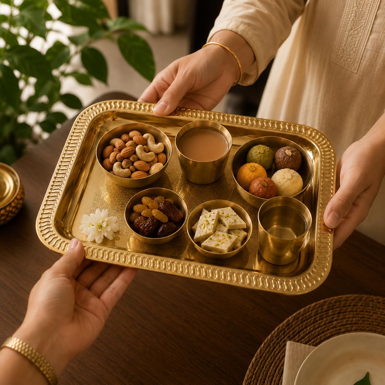 Pure Source India Large Decorative Brass Serving Tray 13.8 x 9.8 Inch | Premium Rectangular Brass Platter for Tea, Coffee, Snacks & Dry Fruits