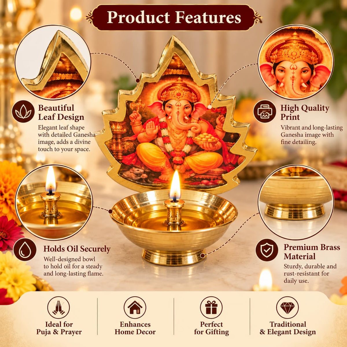 Pure Source India Brass Diya with Ganesh Leaf Frame for Home Temple, Daily Worship, Diwali Decoration & Gifting