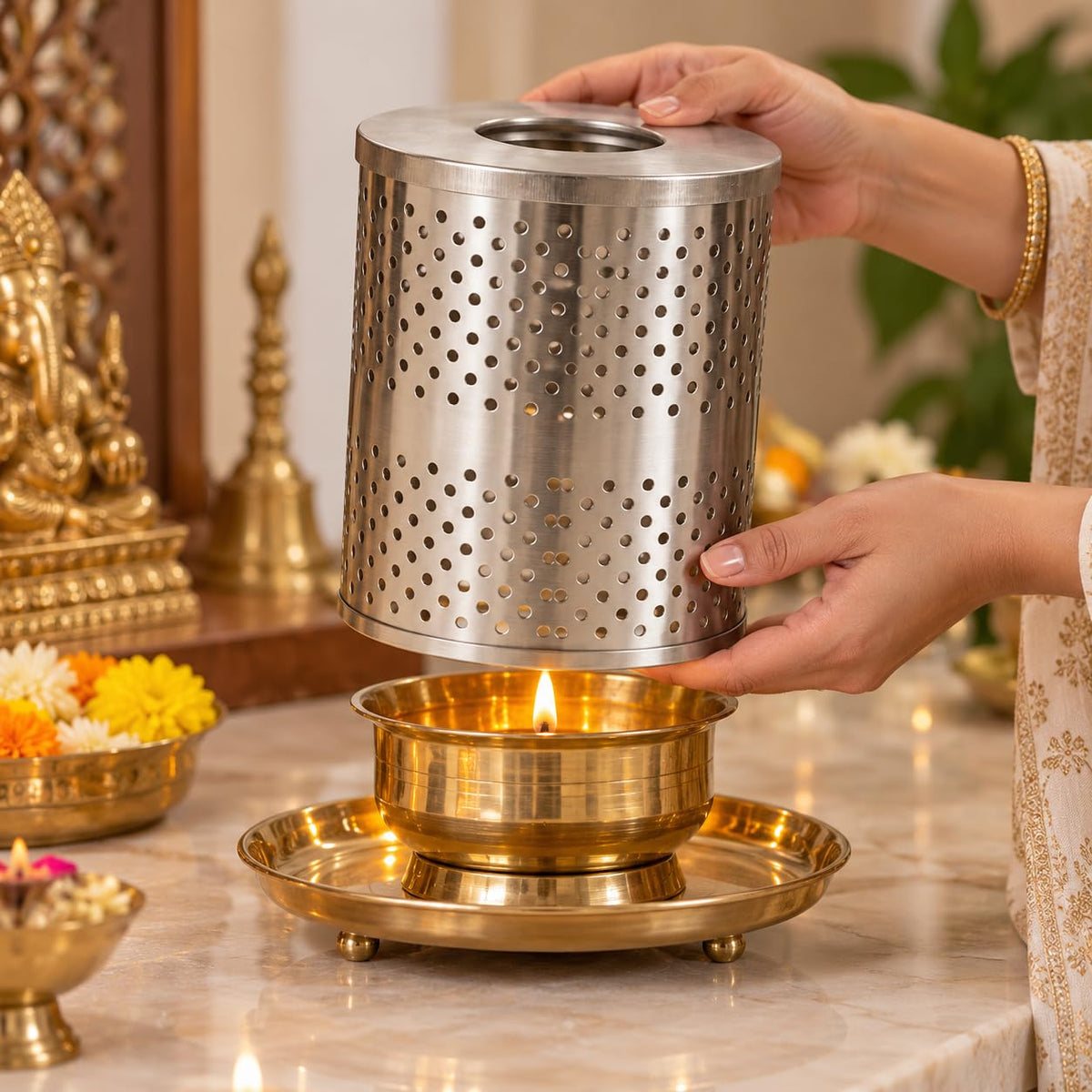 Pure Source India Stainless Steel 5 Inch Wind Protector Cover for Akhand Jyot | Safety Guard for Temple, Puja Room & Outdoor Use