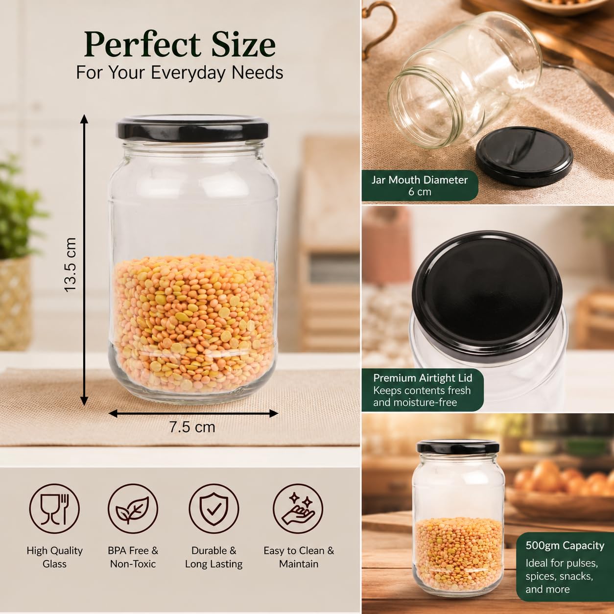 Pure Source India Glass Jar Container With Metal Black Airtight Lid, Capacity 500gm