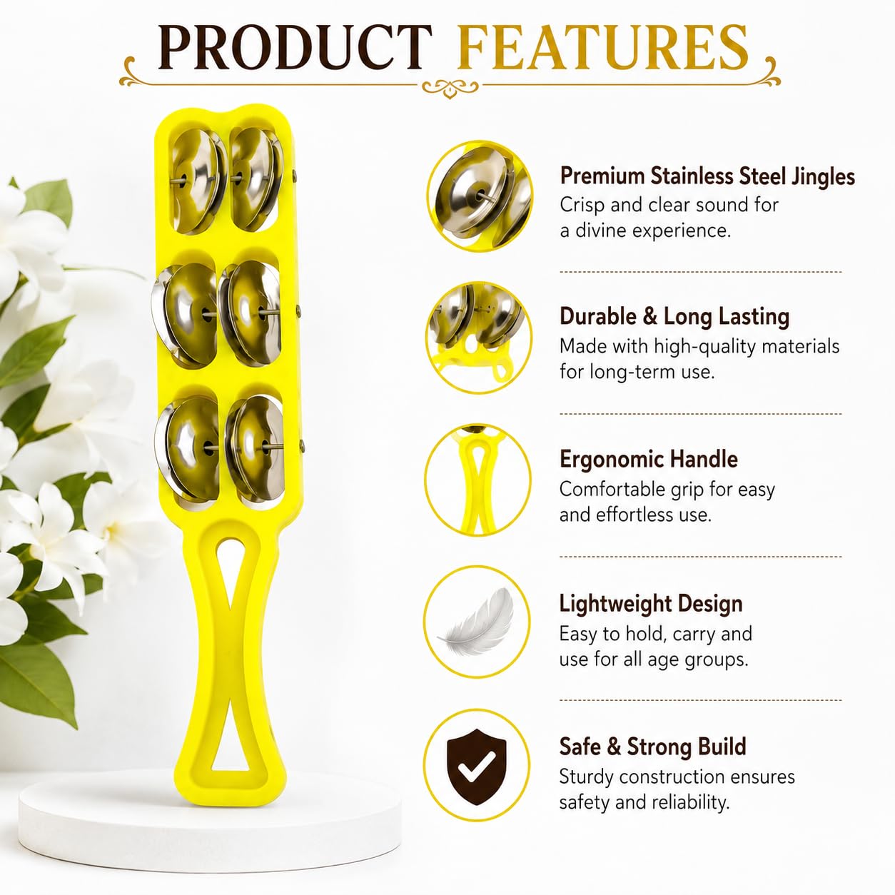 Pure Source India Handheld Plastic Tambourine Pack of 2 | 3-Pair Metal Jingle Percussion Instrument | Ideal for Bhajan, Kirtan, Pooja, Aarti, Garba, Music Practice & Cultural Events | Yellow