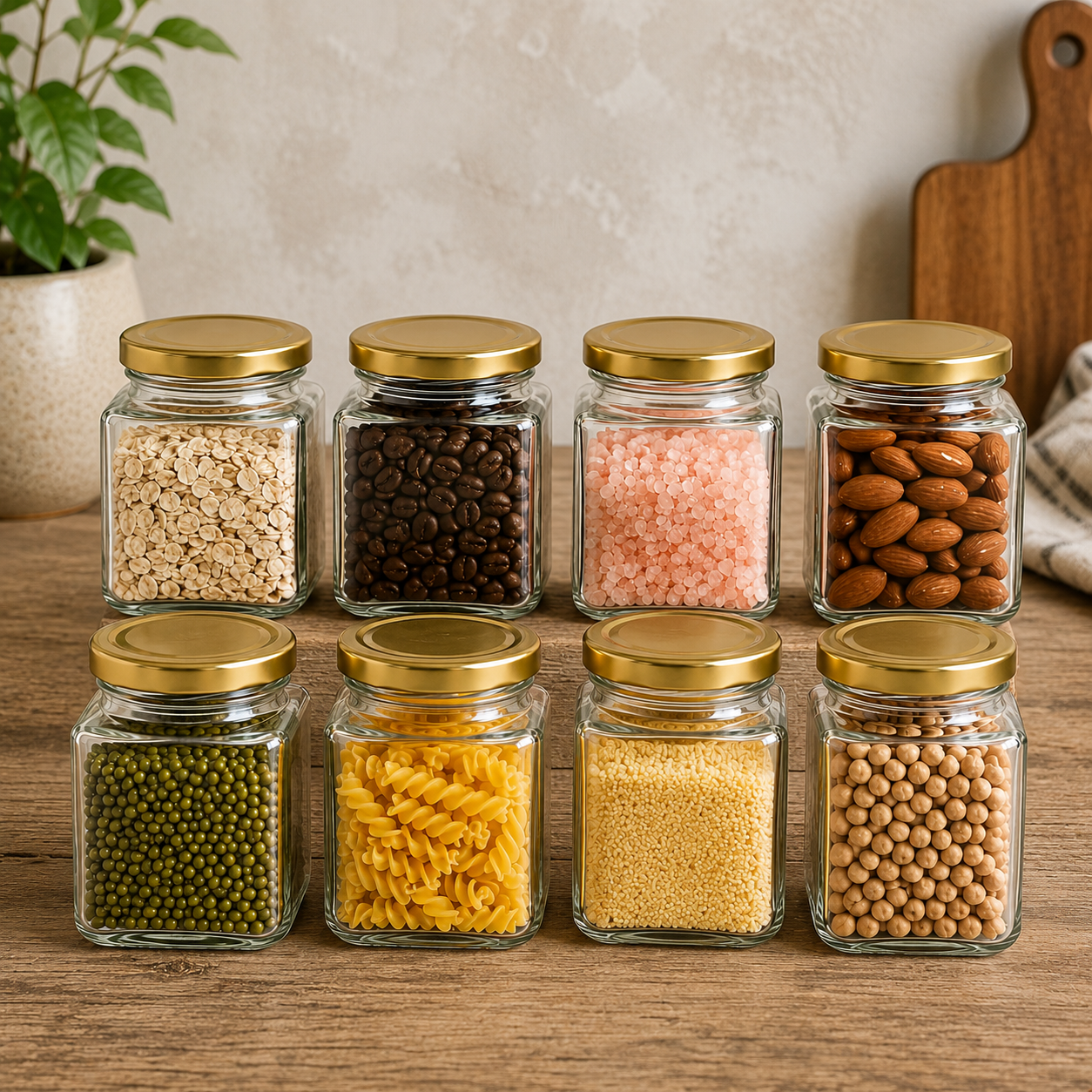 Pure Source India 150gm, Square Glass Jar with Gold Lug Cap | Airtight Food Storage Jar for Honey, Jam, Pickles, Spices & Preserves